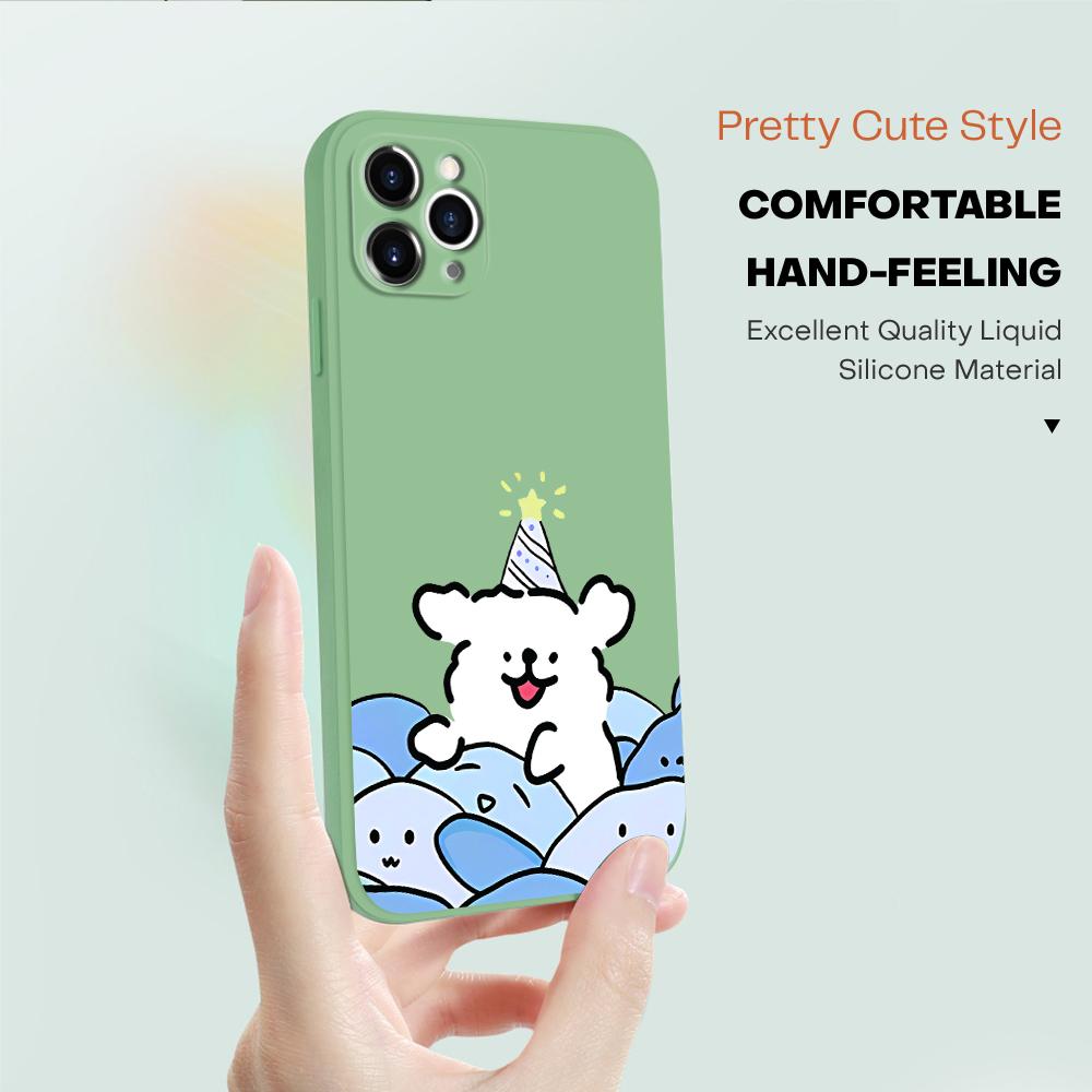 Cute Puppy In A Hat Phone Case for iPhone 15 14 13 12 11 Samsung Galaxy A12 A52 S24 S23 Xiaomi POCO Redmi Soft Square Liquid Silicone Cover Casing