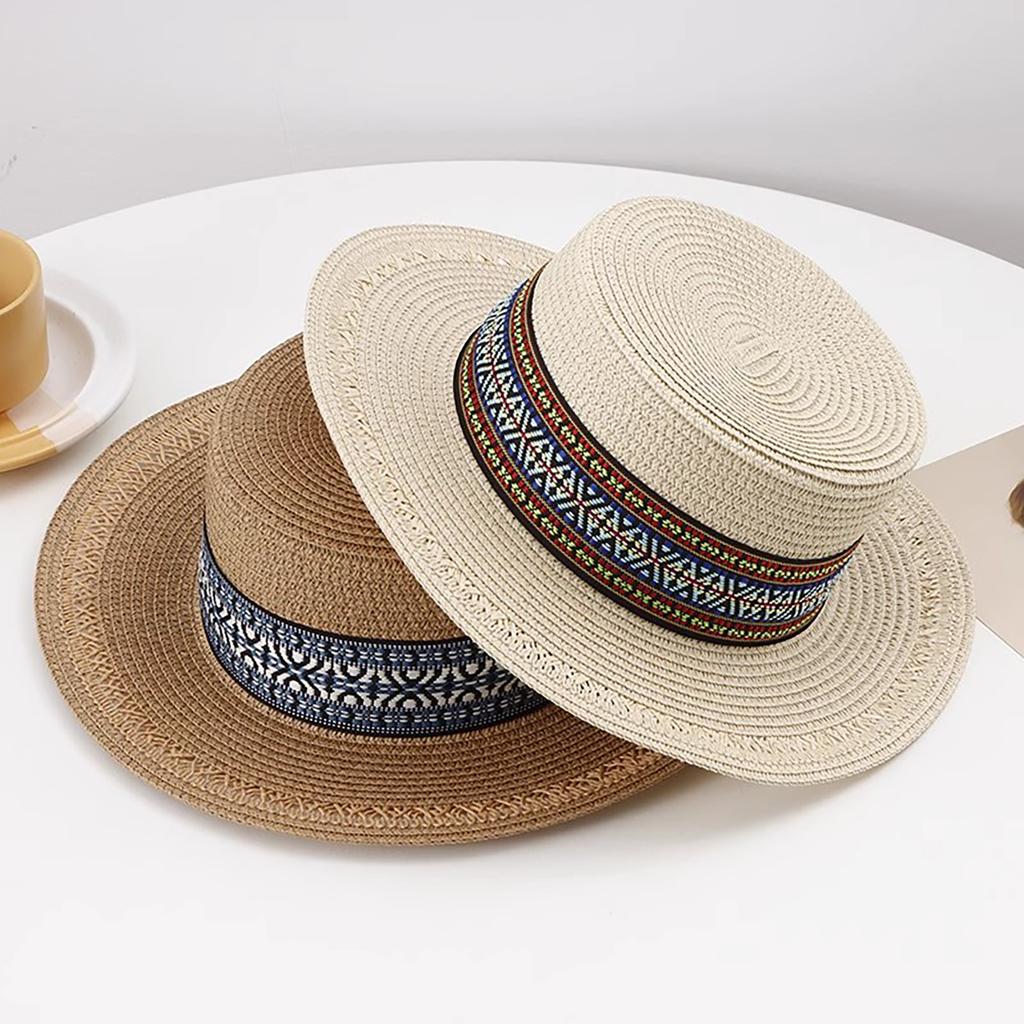 Sun Hat Sun Visor Hats Summer Hat Wide Brim Straw Boater Retro Pattern Outdoor Cap Flat Top Hat