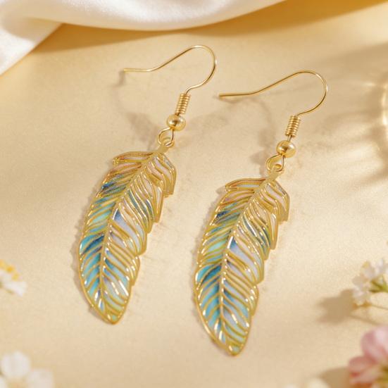 1 Pair Hook Earrings Retro Style Gradient Color Enamel Technology Gold-Plated Edges Feather Shape Drop