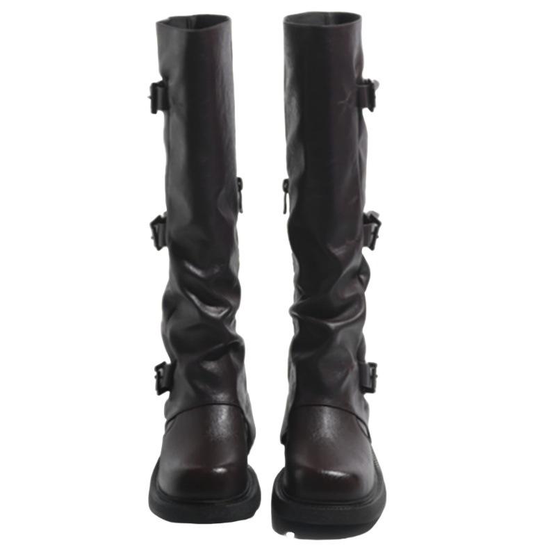 Thick-soled Belt Buckle Trouser Tube Boots Women's 2025 New Pleated Soft Leather Square Head Medium Tube Stacking Boots Tall Knight Boots