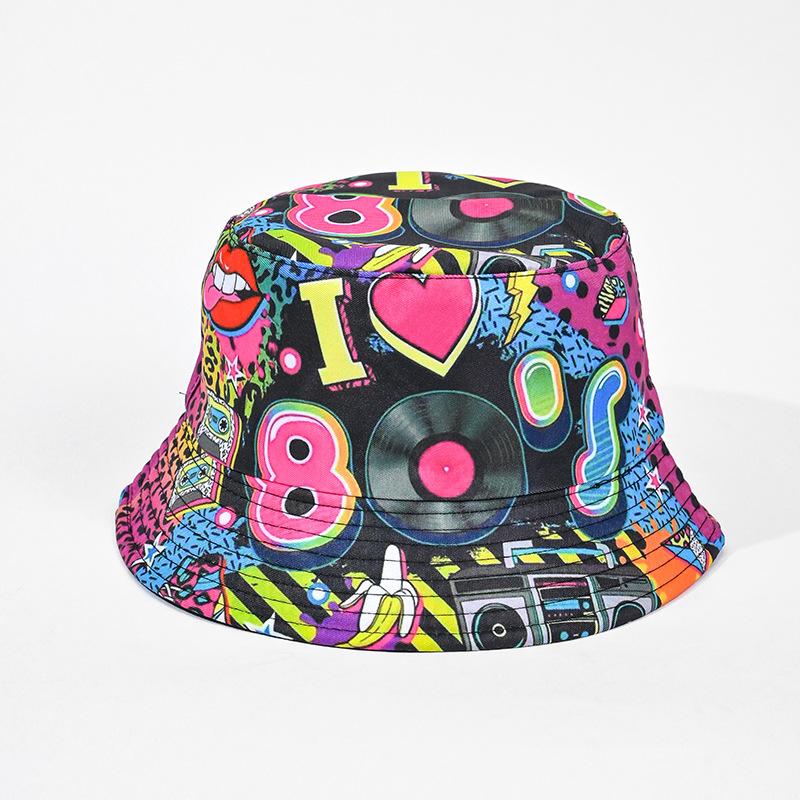 Klasyczny dwustronny kapelusz bucket modny graffiti wiosna i lato nowy retro daszek przeciwsłoneczny