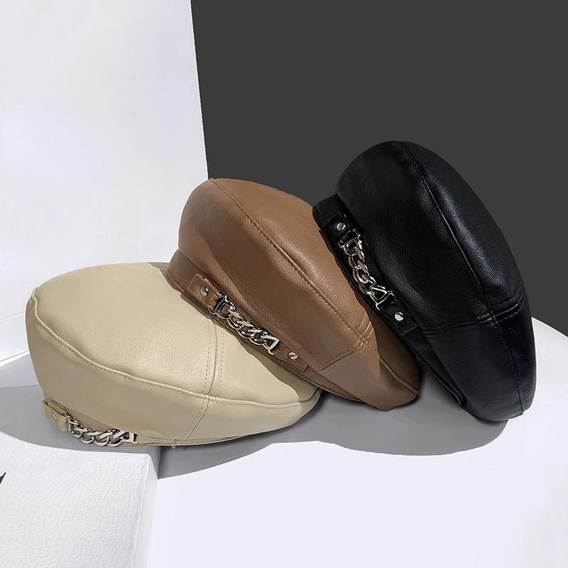2025 New Women Pu Leather Winter Hat Chain Barette Hat Painter Berets Caps for Ladies Girls Hats Trendy Hat Elegant Beret