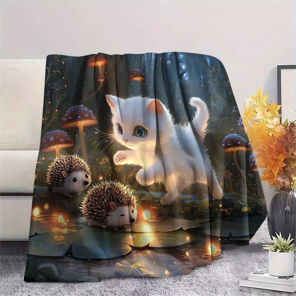 Weiße Katzen-Print Flanelldecke, Hohe Qualität, Bequem für alle Jahreszeiten, Heimdekoration, Wärme und Komfort, Perfekt für Weihnachtsgeschenke