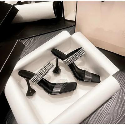Fashion 2025 New Summer Sexy One-piece with Transparent Square Toe Open Toe Sandals Rhinestone High Heel Stiletto  for Women