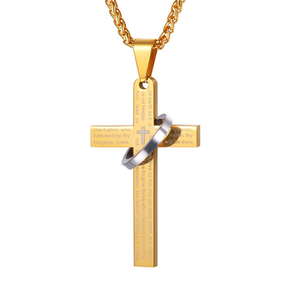 U7 Stainless Steel Christian Bible Engraved Cross Necklace Blue Black 18k Gold Color Round Ring Cross Unisex Religious Jewelry