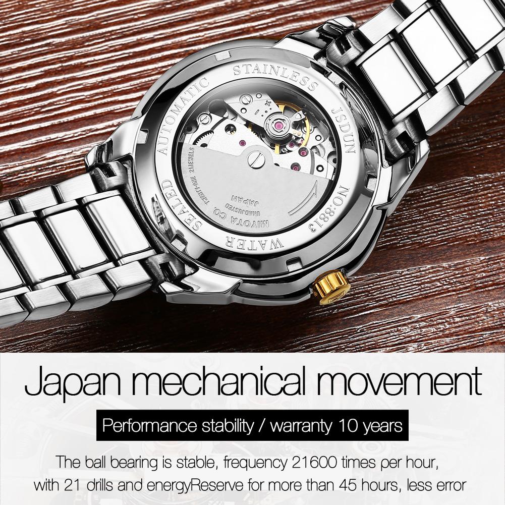 JSDUN 8813 Herren Mechanische Uhr Perfektes Stahlarmband Wasserdichtigkeit Kalender Einfache Freizeit Armbanduhr