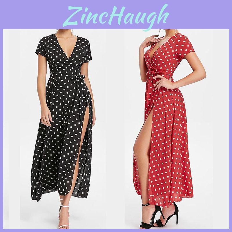 Women Short Sleeve V Neck Swing Dress With Elegant Polka Dot Print And Slit Detail