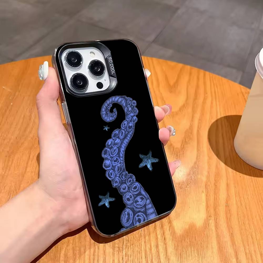 O-Octopus S-Sea Animals O-Ocean Phone Case For iPhone17,16,15,14,13,12,11,Pro,MAX Gray Matte Silicone Black Cover