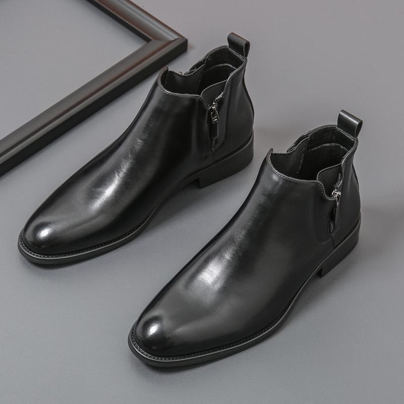 Autumn and Winter Retro Men's Comfortable Pointed Chelsea Short Boots New Men's Side Zipper Wooden Root Bottom Boots