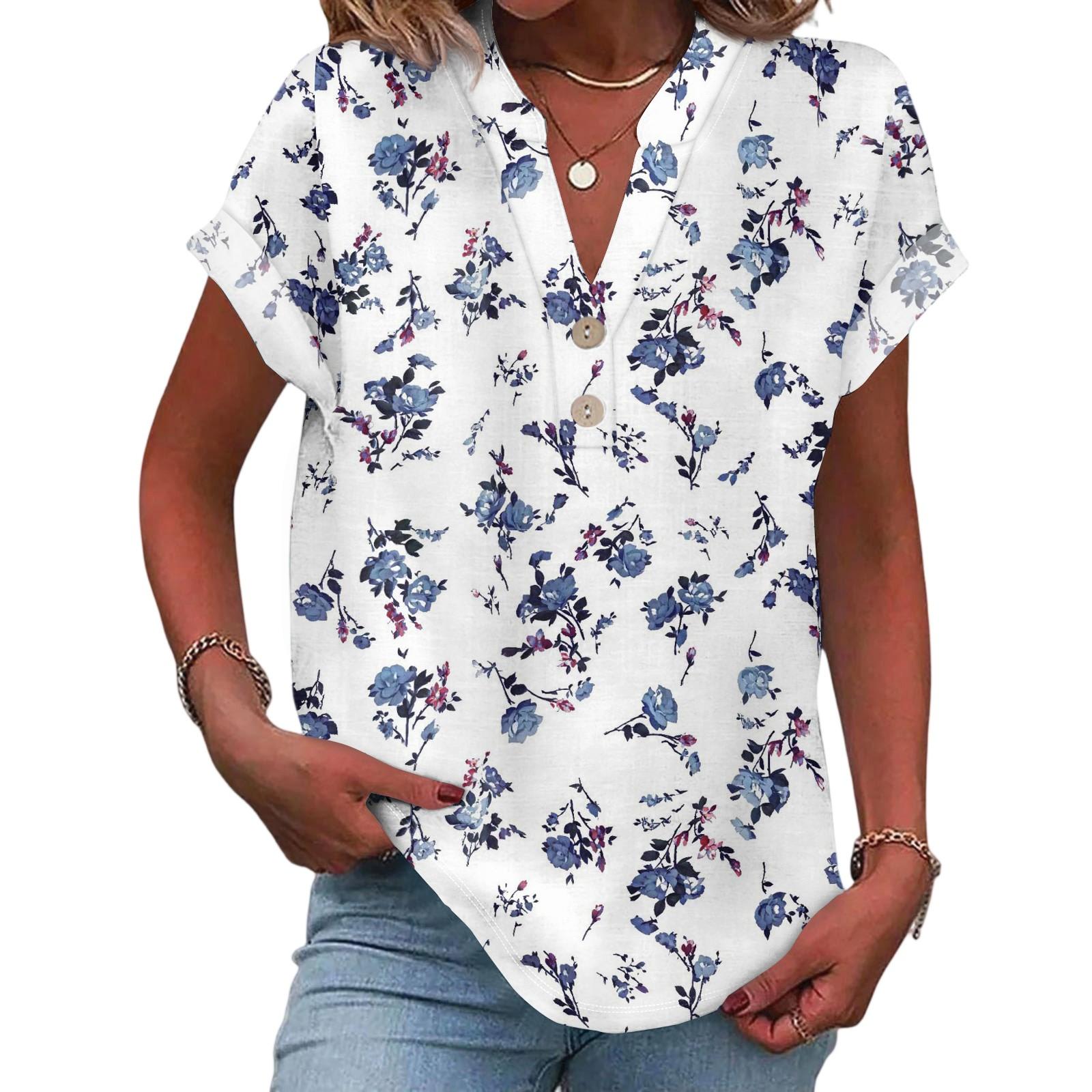 Ladies Casual Fashion V-Neck Button Floral Print Short Sleeve Top XXL