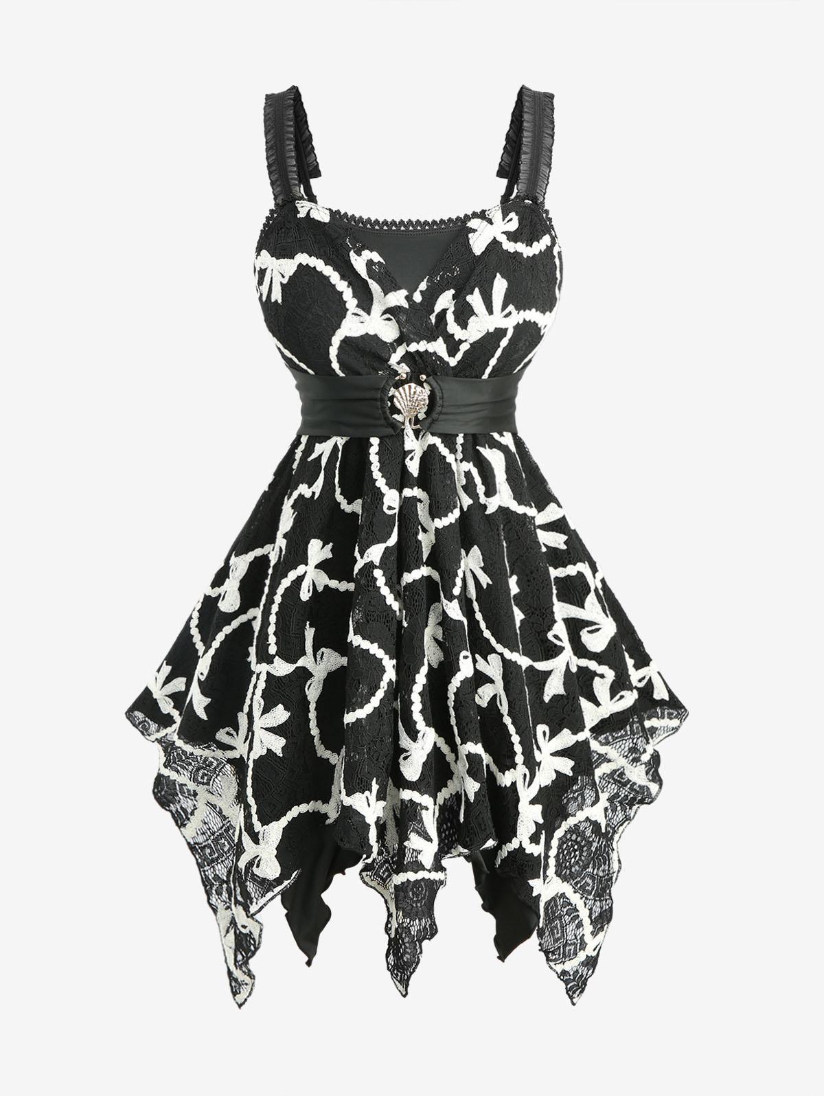 

Rosegal Большой размер Топ-майка асимметричного кроя с отделкой кружевом, вышивкой, бантом и застежкой-ракушкой M чёрный