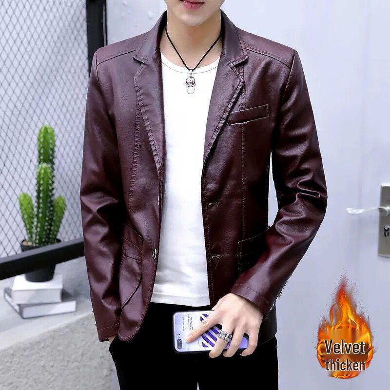 

Men’s Autumn Winter Fleece Lined Slim Fit Leather Jacket - Casual Business PU Washed Style. 6XL