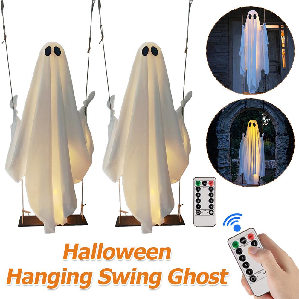 Halloween Hanging Swing Ghost with String Lights Spooky Swing Ghost for Tree Porch Yard Garden Lawn Halloween Decoration