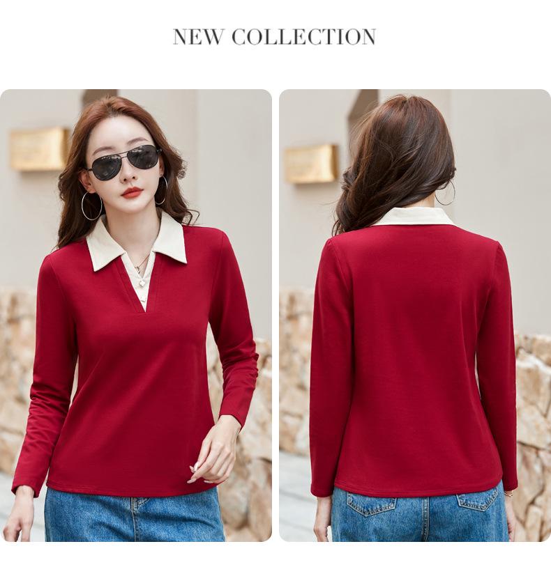 2025 Autumn Color Block Polo T-Shirt for Women: Long-Sleeved, Fake Two-Piece Design for Middle-Aged Mothers