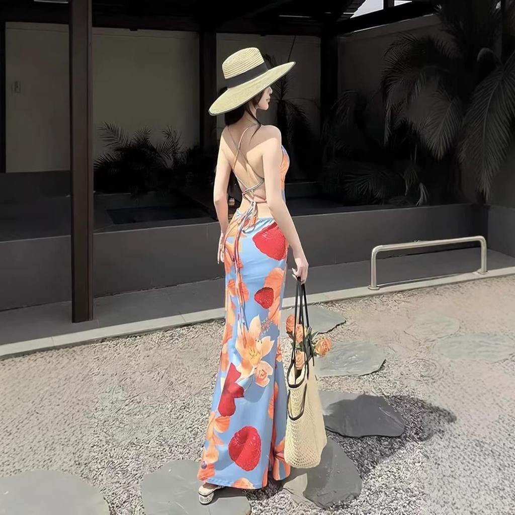 Island Vacation Style Printed Camisole Dress for Women, New Dopamine Style, Sexy Backless Body-hugging Dress