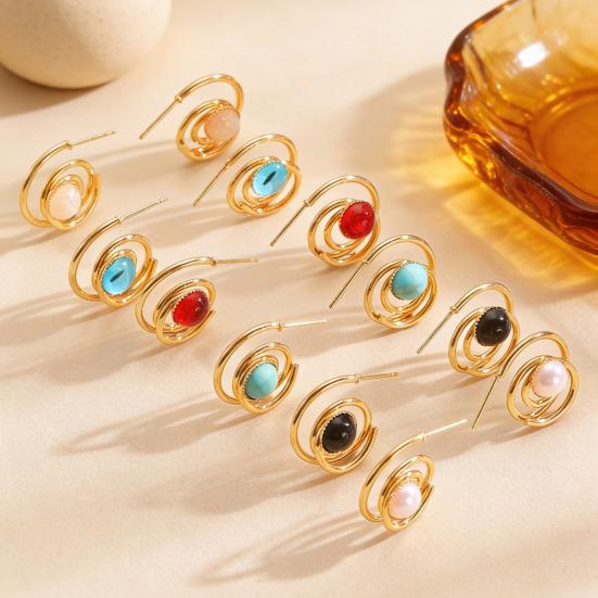 1 Pair Women Earrings Hollow Spiral Design Multi-Color Faux Gemstones Inlaid Electroplated Earrings Jewelry Accessories