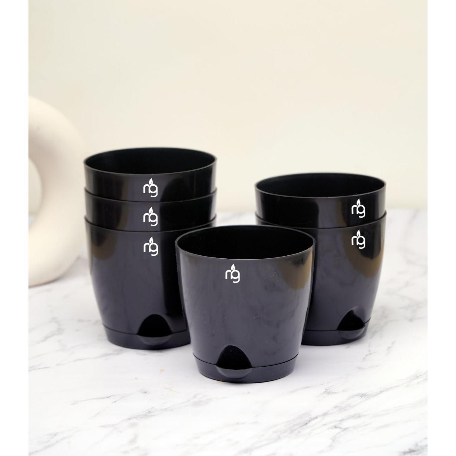 

Combo of 6 Black Self Watering Plastic Pots with Glossy Finish (Size: 4.5IN * 4.33IN) | Low Maintenance Pots for Indoor, Balcony