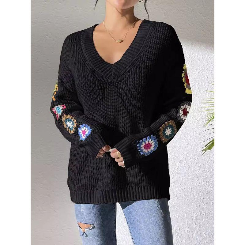 Long-Sleeve V-neck Top Mixed Color Hand Hook Flower Patchwork V-neck Pullover Loose Casual Sweater Top