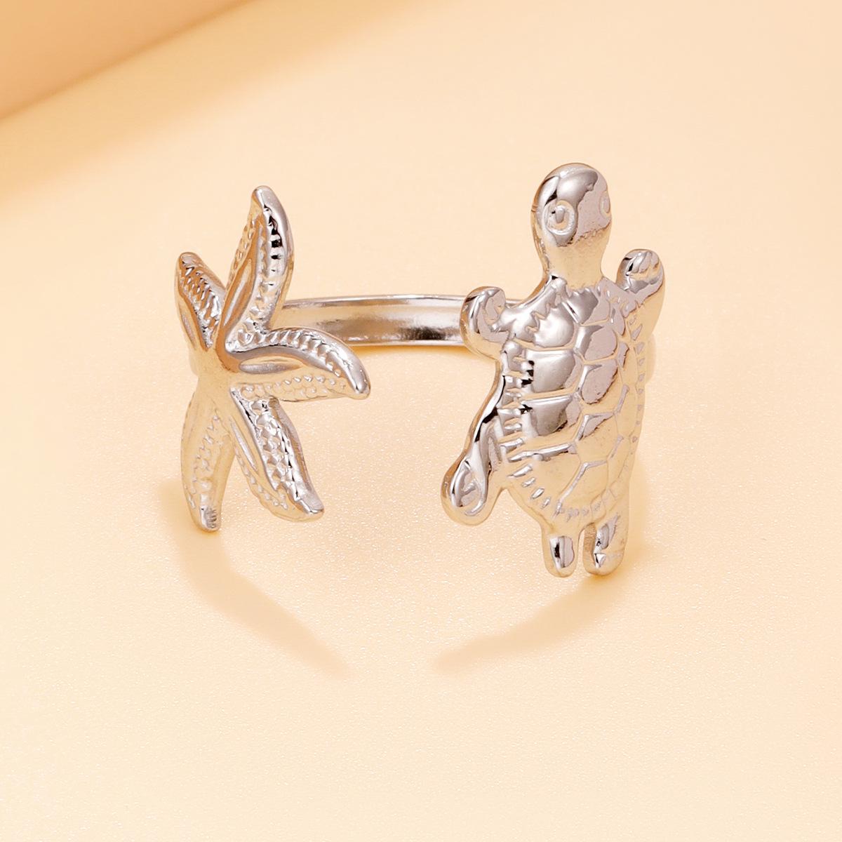 Ocean Creatures Series: Starfish & Sea Turtle Patchwork Open Stainless Steel Ring