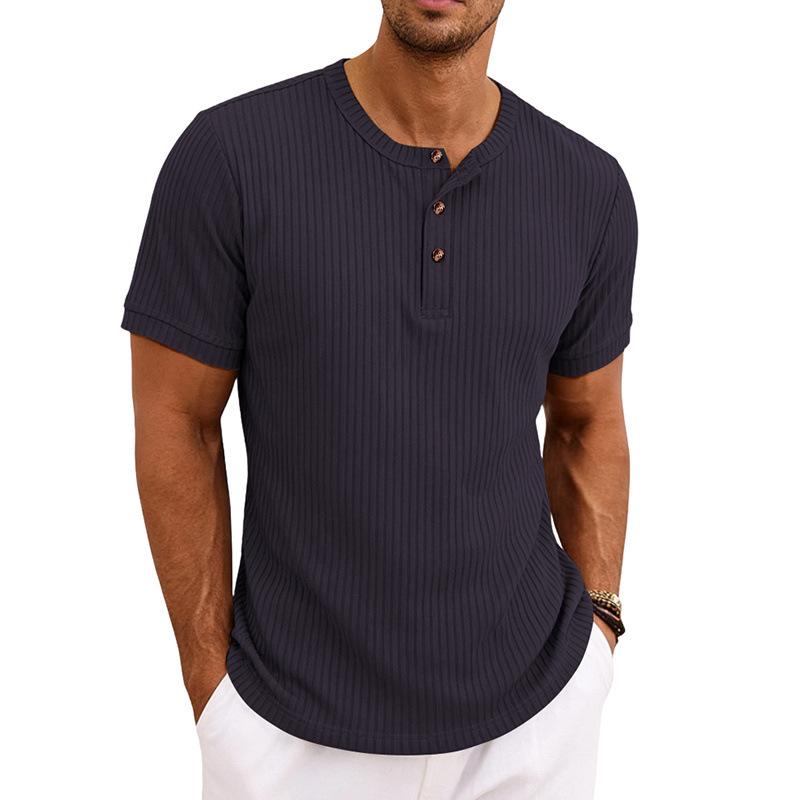 Men Retro Casual Ribbed Henley Short Sleeve Sports T Shirt