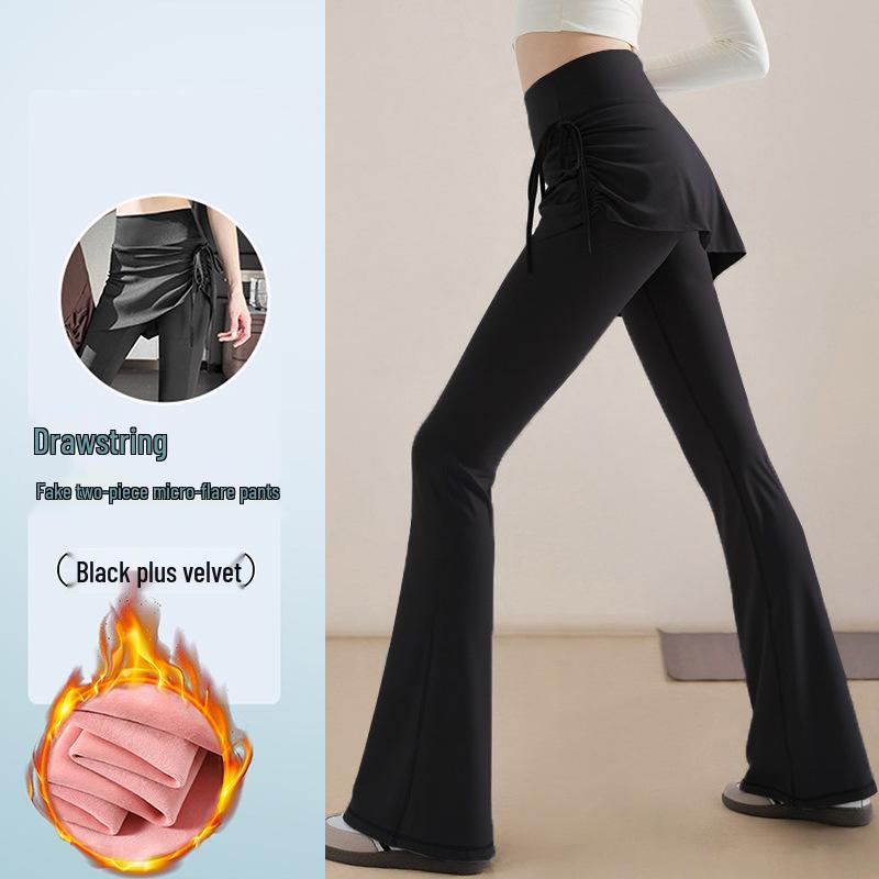 Plus Size Faux Two-Piece Yoga Skirt Pants, Fleece-Lined Flared for Autumn/Winter Pilates & Fitness.