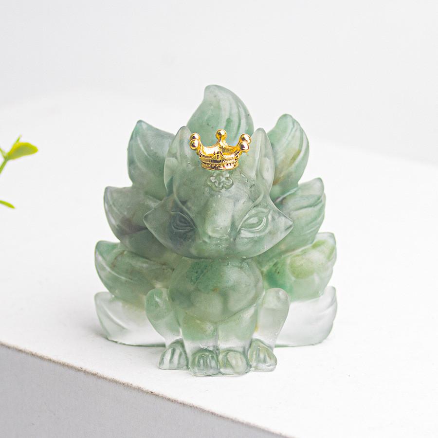Water Crystal Decorative Figurine With Crown Nine Tails Fox For Modern Desk Display