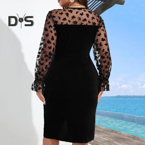 Elegantes Midikleid für Damen mit V-Ausschnitt, Spitzennähten, langen Ärmeln, figurbetontes Kleid in Übergröße, tailleneng, schmales Kleid, Clubwear