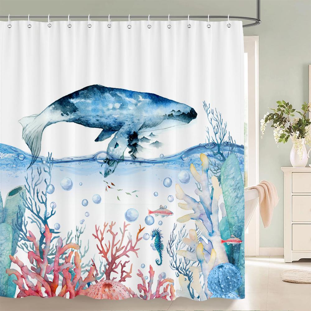 Dolphin Shower Curtain Blue Underwater World Marine Life Polyester Fabric Kids Ocean Theme Bathroom Decor Set With 12 Hooks