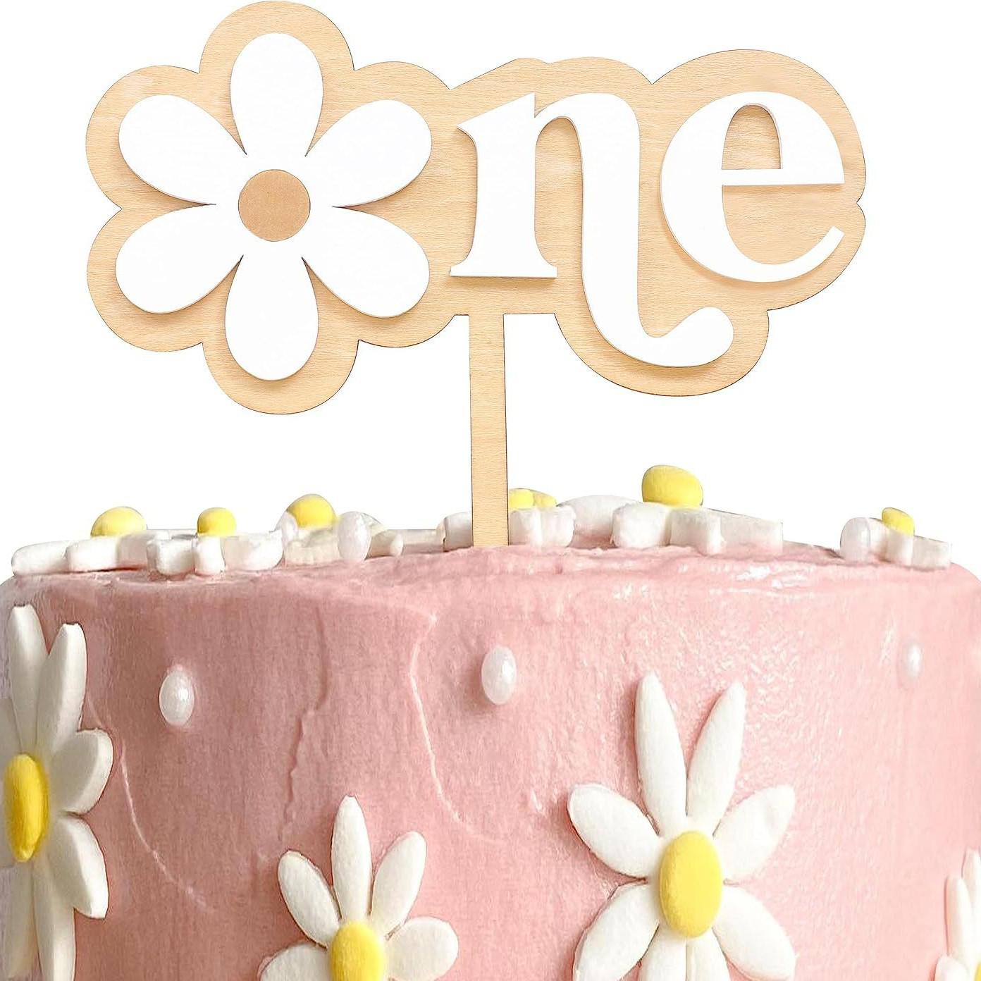 

Bohemian Wood Daisy Birthday Cake Topper - First Birthday Party Decoration Picks