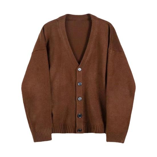 Осень-зима мужской свитер кардиган с V-образным вырезом трикотажный толстый эластичный длинный рукав свободный стиль преппи теплый однотонный трикотаж повседневная одежда свитер пальто M кофейный