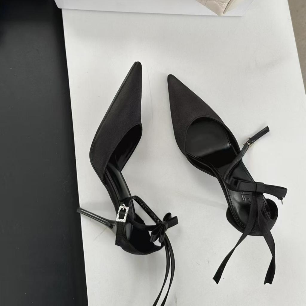 New Pointed Thin Heel Versatile Hollow High Heel Bow Sandals One Word with Light Heel Fashion Shoes