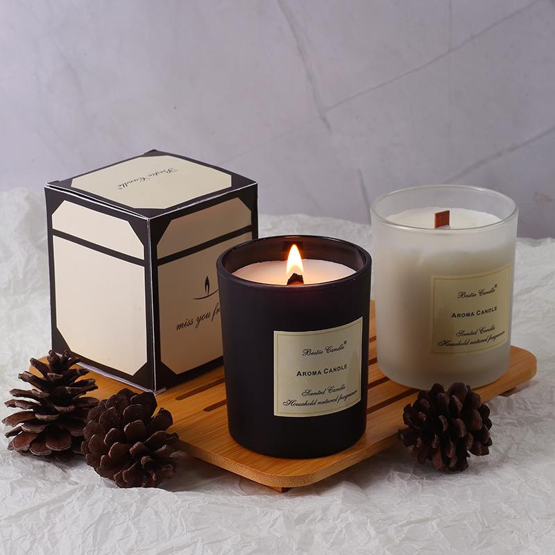 Handmade Wood Core Scented Candle, Soy Wax Frosted Black and White Cup, Fragrance Souvenir