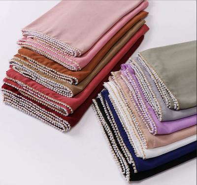 New Rhinestone Chain Hijabs Long Chiffon Shawls With Pearls Scarves Shiny Stone Wraps Elegant Echarpe Foulard Muslim Women Scarf