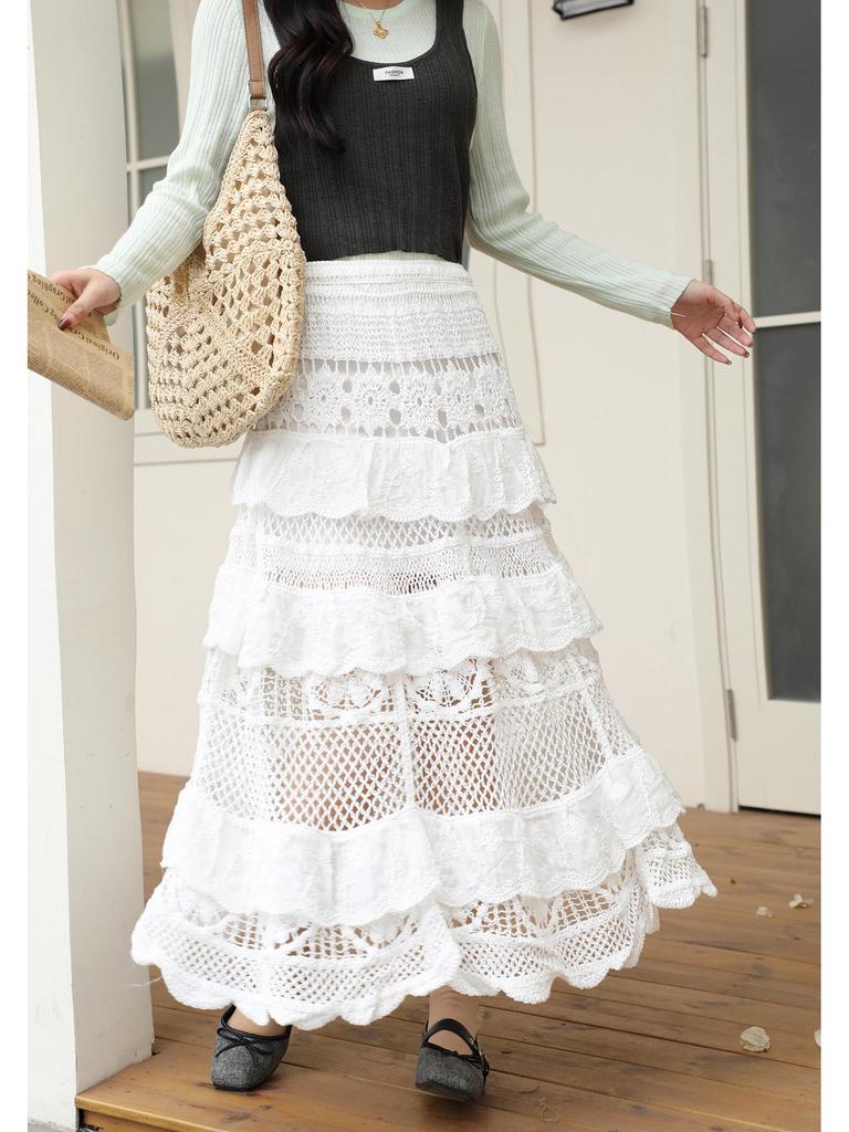 Women's Summer Ethnic Lace Crochet Mid-Length Skirt