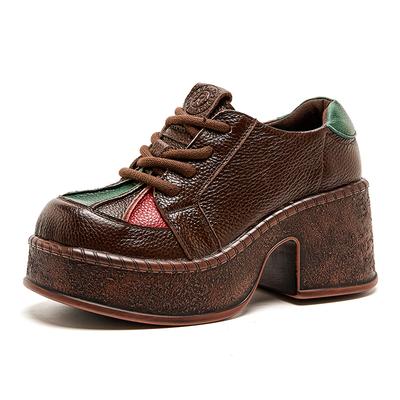 GKTINOO Retro High Heels Women Shoes Flat Platform 7cm Thick Heels Shoes Mixed Colors Genuine Leather Luxury Lace Up Shoes
