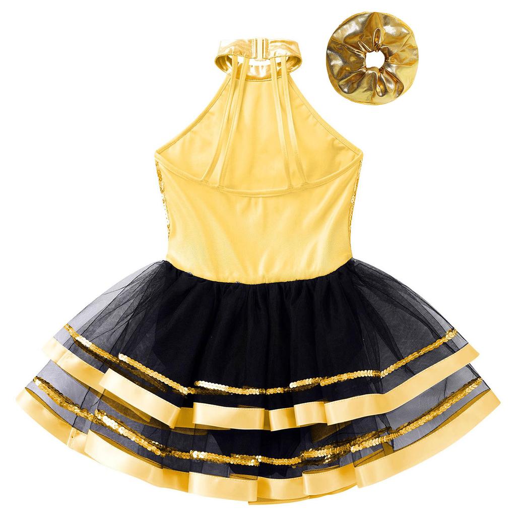 Girls Dance Performance Dress Halter Sleeveless Backless Design Sparkling Sequins Decorated Tutu Costume