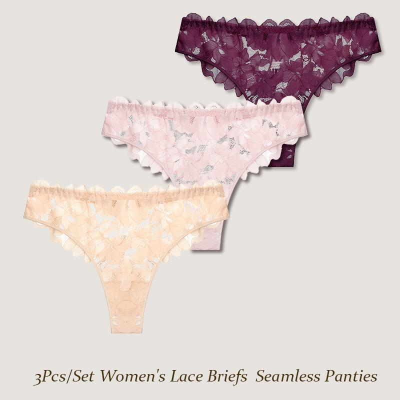 FINETOO 3Pcs/Set Women's Lace Briefs Women Seamless Panties Solid Color Breathable Underwear Female Low Waist Soft Lingerie S-XXL