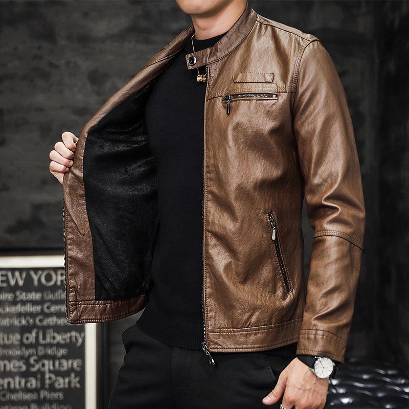 New Velvet Leather Jacket, Wire PU Leather, Men's Autumn and Winter Leather Jacket, Motorcycle Jacket, Stand Collar, Fashionable