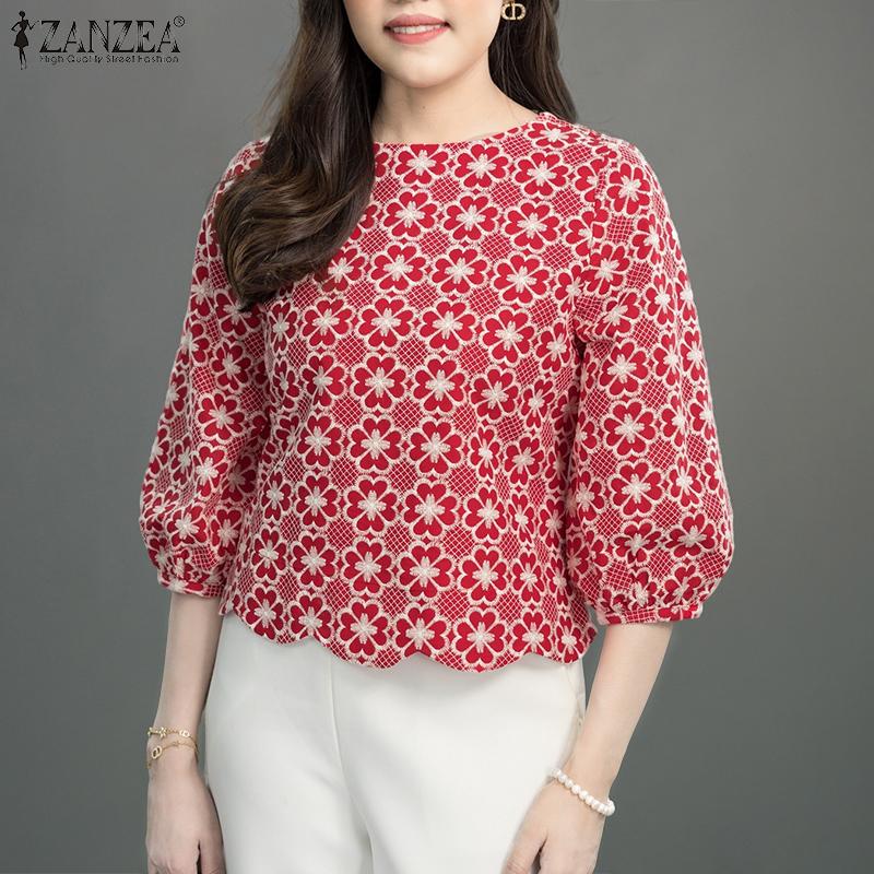 ZANZEA Women Casual Round Neck 3/4 Sleeve Loose Print Blouse