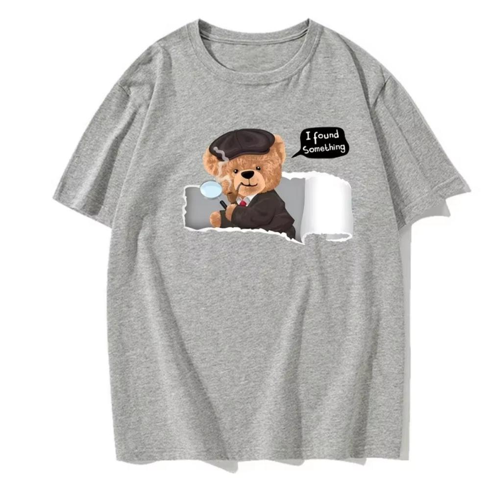 Neutraler Stil Sommer Kurzarm Niedlicher Detektiv Teddybär Musterdruck Lustige Mode Lässiges Herren- und Damen-T-Shirt