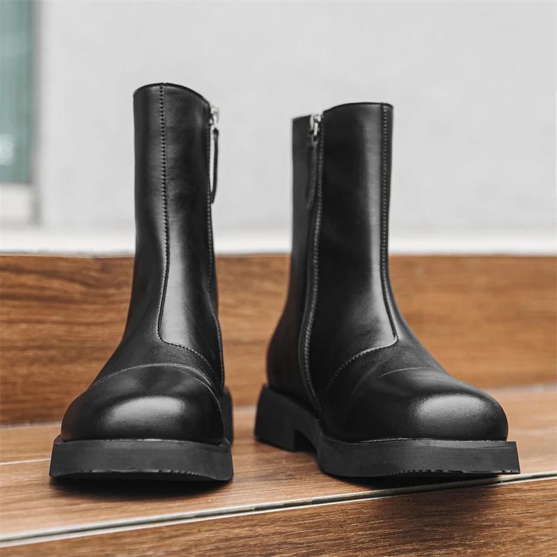 Fashion Thick Bottom Leather Men Chelsea Boots Outdoor Man Mid-Calf Boots High Top Casual Shoes Classic Spring Autumn Male Botas