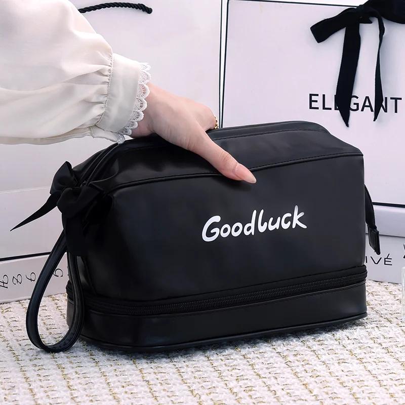 

Double layered Makeup Bag For Women PU Leather Large Capacity Portable With Zipper Travel Cosmetic Brush Toiletries Storage Bags чёрный