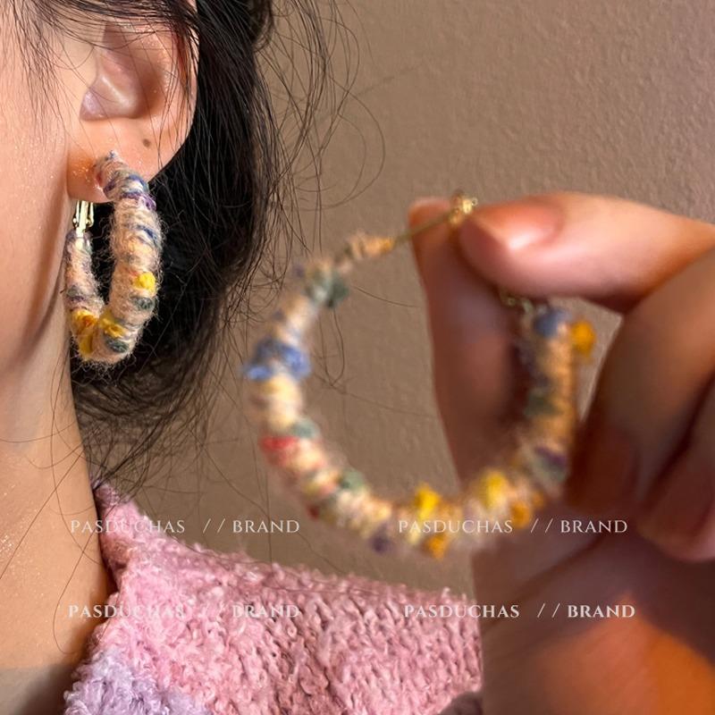 Rainbow Circle~ Autumn and Winter Wool Circle Earrings Women s New Popular Niche Design Premium Earrings Earrings