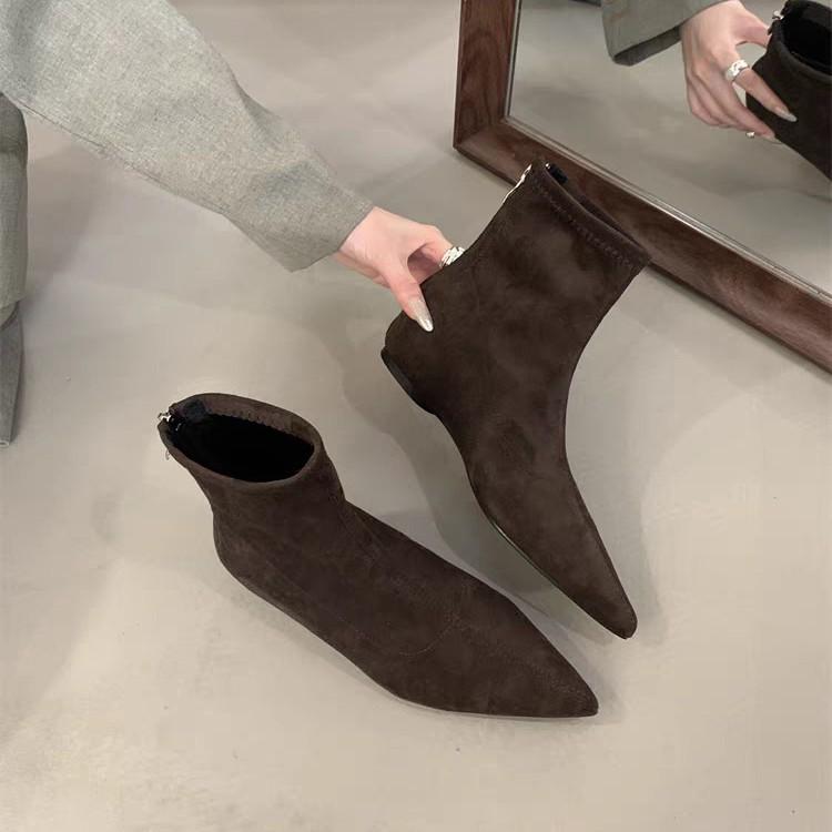 Cowhide Version Suede Simple Pointed Short Boots Women's Autumn and Winter New Rear Zipper Thin Boots Fashion Boots Women