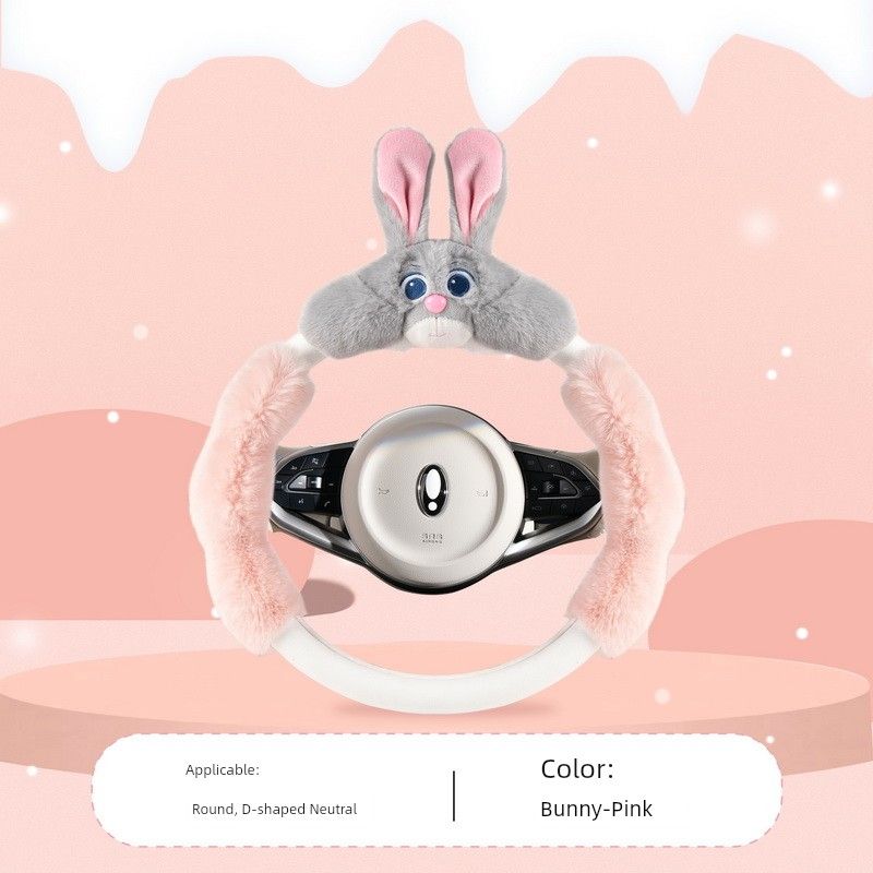 

Car Steering Wheel Cover Winter Stuffed Warm Non-Slip Men s and Women s Cute Cashmere Winter D-Shaped Steering Wheel Cover Neutral Pink Bunny [Round]