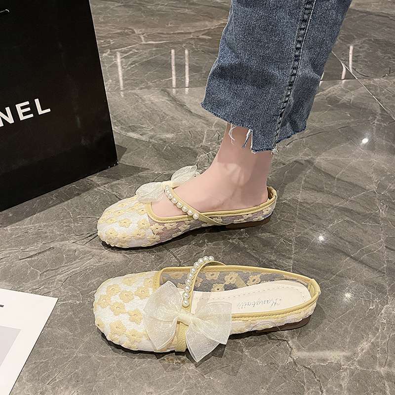 Bow bag head slippers women's outer wear 2025 summer thin mesh breathable one pedal flat lazy maternity shoes