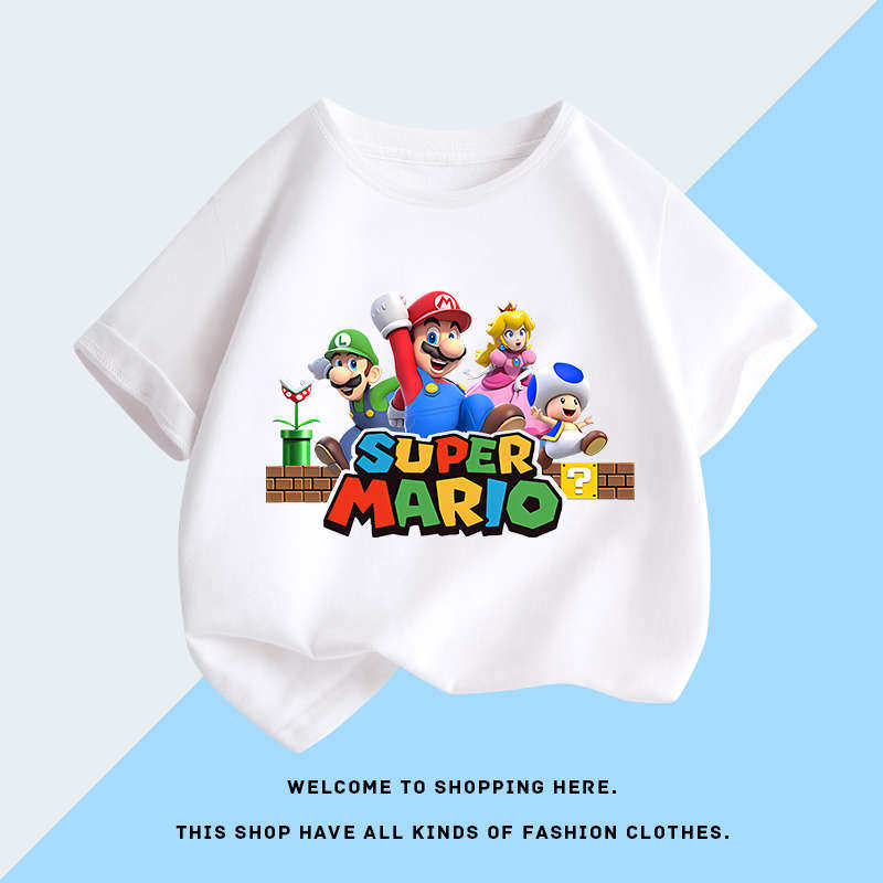 2026 Super Mario and Luigi Anime Childrens Cotton Shortsleeved Tshirt Cartoon Game Trendy Top for Boys Casual Short Sleeves