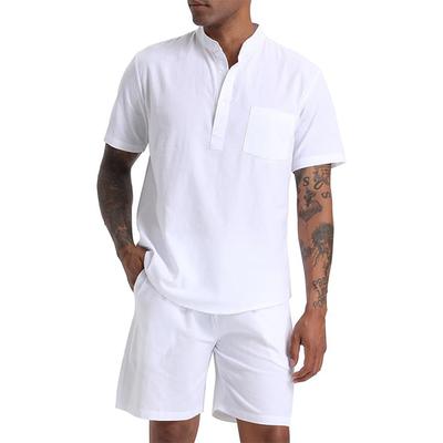 Set Uomo Cotone Lino Magliette Henley Pantaloncini Outfit 2 Pezzi Abbigliamento da Spiaggia Vacanza Completo Coordinato Abbigliamento Estivo Manica della Camicia