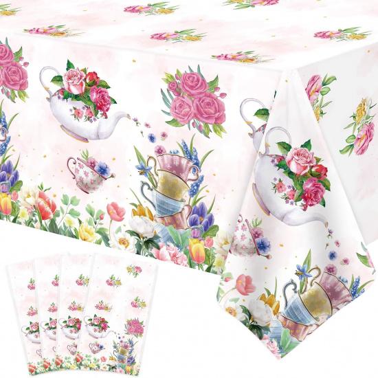 4 Pack Tea Party Decoration Floral Tea Tablecloth Floral Birthday Supplies 86” x 51” Rectangle Plastic Spring Disposable Flower Party Table Cover