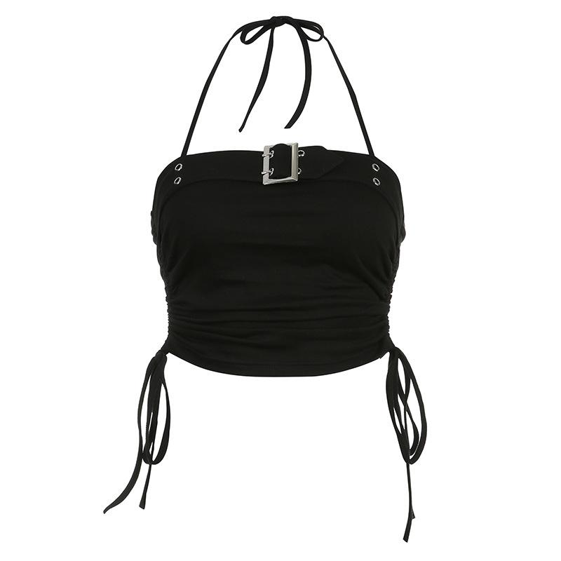 

Весенняя мода Pure Desire, японский плиссированный ремень на пуговицах, открытый пупок, тонкий топ с висячим вырезом, пикантный маленький жилет для девочек, ультра-короткий тонкий топ на бретельках L чёрный